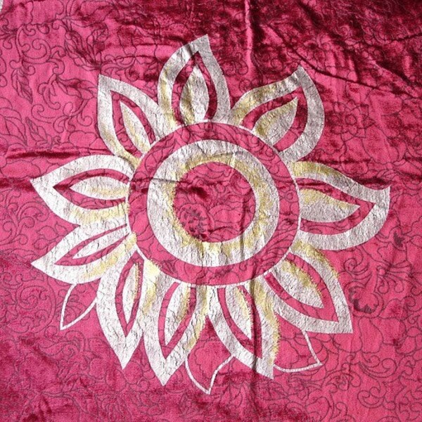 Crimson Sunflowers - Crimson Burnout Velvet With Pearl And Gold Printing Technique