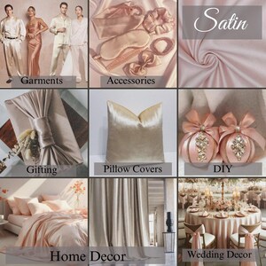 May include: A collage showcasing various uses for satin fabric. The top row shows satin garments, accessories, and a close-up of the fabric. The middle row shows satin used for gifting, pillow covers, and DIY projects. The bottom row shows satin used for home decor and wedding decor.