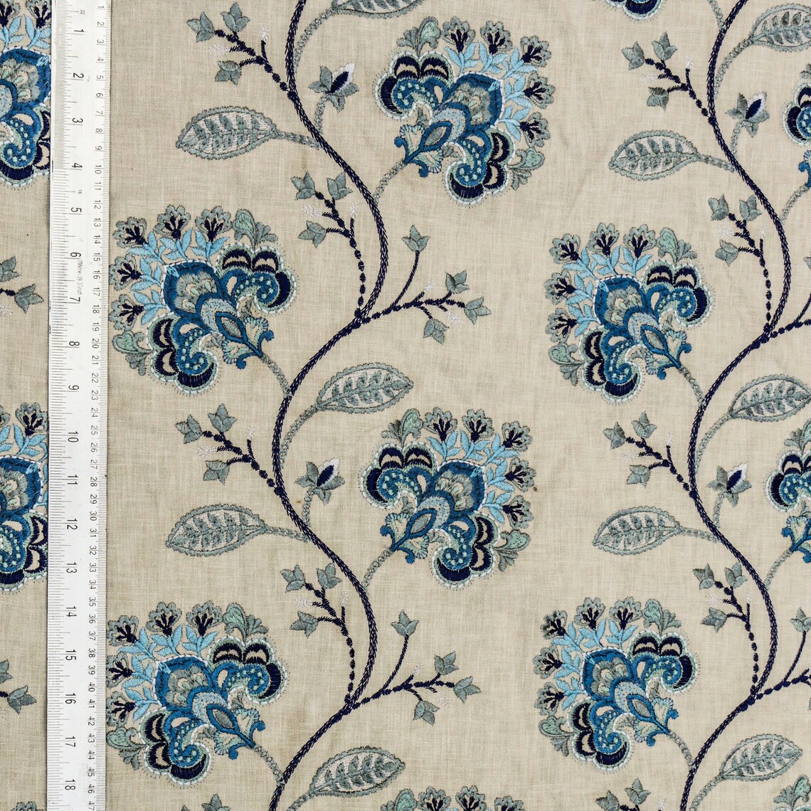 Blue Flowers Embroidered Fabric By The Yard Cotton Linen Etsy