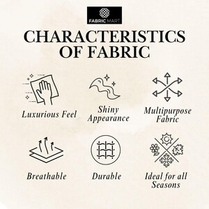 Puede incluir: Un gr&aacute;fico con el texto "Caracter&iacute;sticas de la tela" y seis iconos que representan diferentes cualidades de la tela: tacto lujoso, aspecto brillante, tela multiusos, transpirable, duradera e ideal para todas las estaciones.