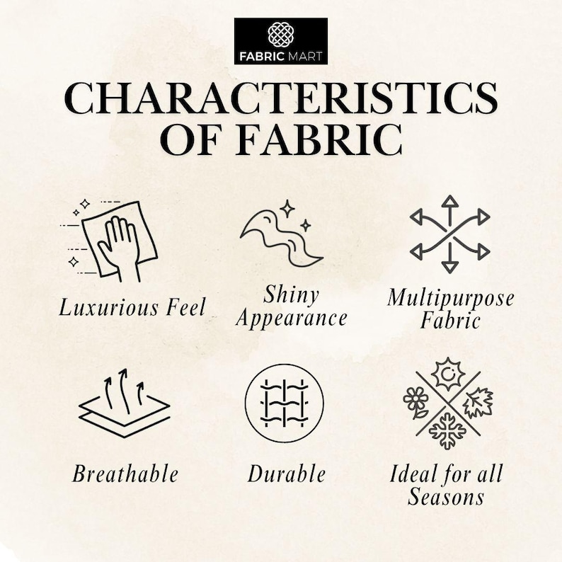 Puede incluir: Un gr&aacute;fico con el texto "Caracter&iacute;sticas de la tela" y seis iconos que representan diferentes cualidades de la tela: tacto lujoso, aspecto brillante, tela multiusos, transpirable, duradera e ideal para todas las estaciones.