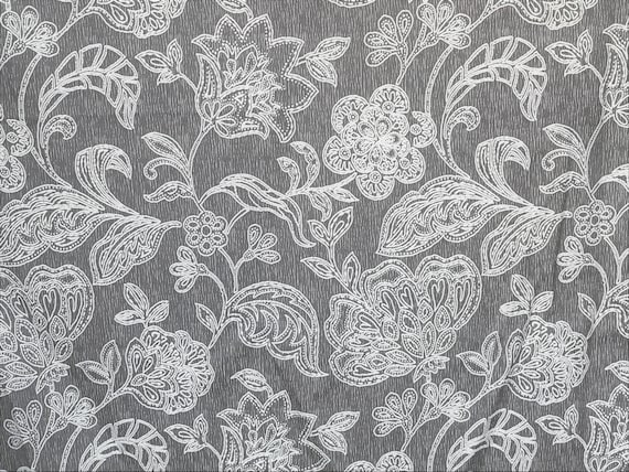 Gray Ivory Floral Curtain Fabric by the Yard Upholstery Fabric