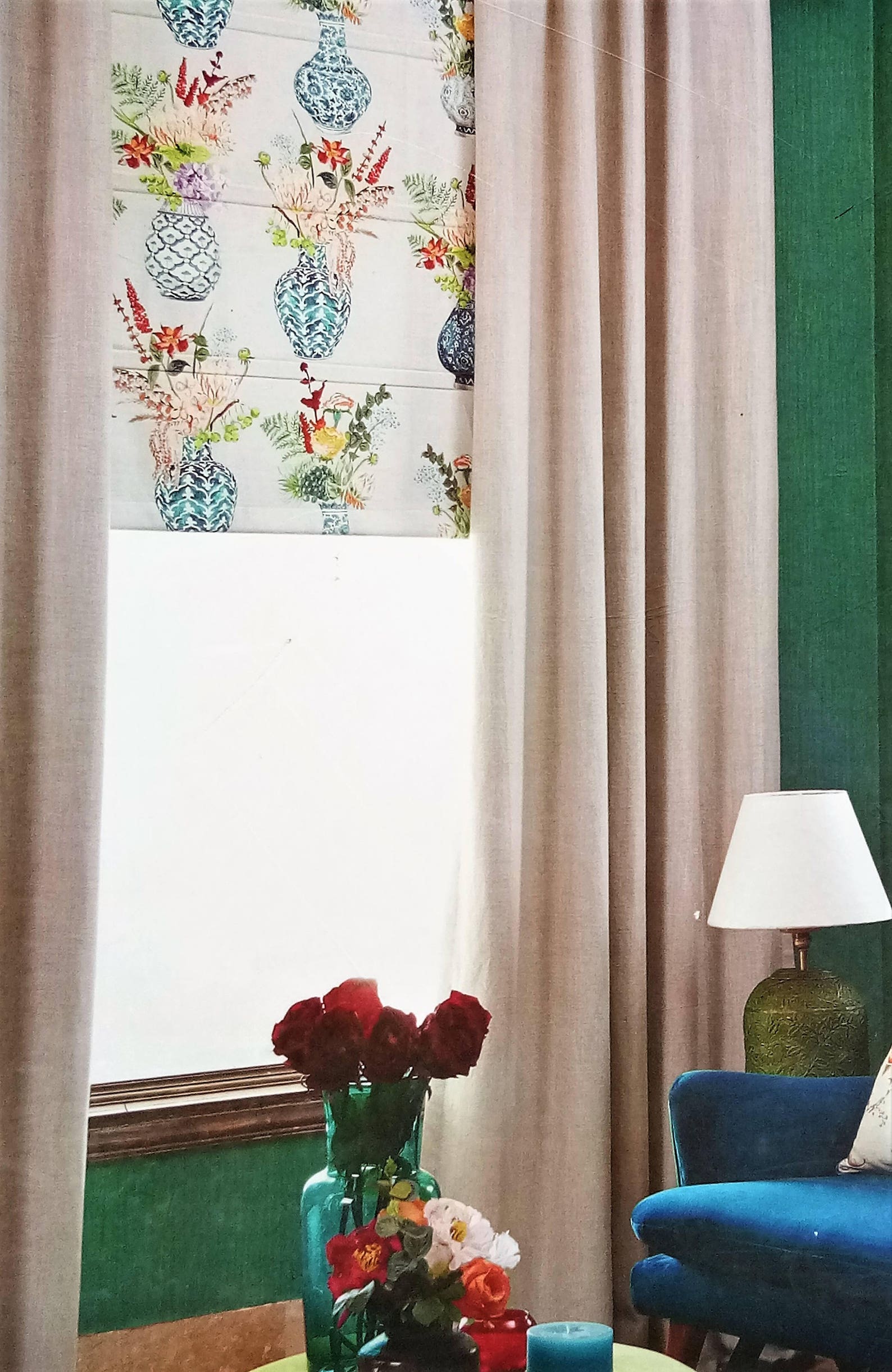 Cobalt Blue Flower Vase Curtain Fabric by the Yard, Upholstery Fabric