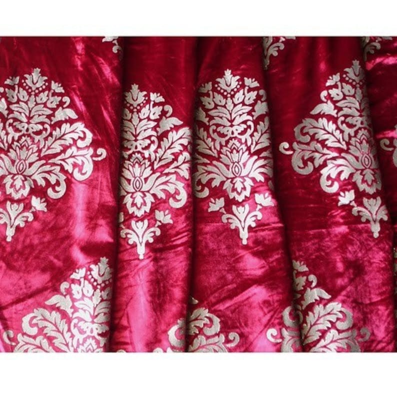 Fuchsia Velvet Fabric With Silver Glitter Print Damask Etsy
