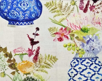 Cobalt Blue Flower Vase Curtain Fabric By The Yard / Metre, Upholstery Drapery Fabric, Window Treatment Fabric, Sofa Wholesale Fabric
