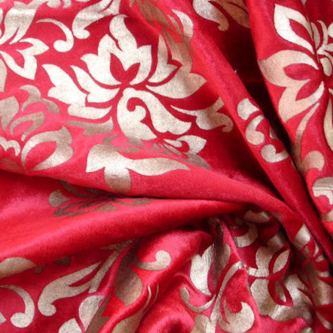 Red & Gold Floral Print Velvet Fabric With Gold Printing Etsy