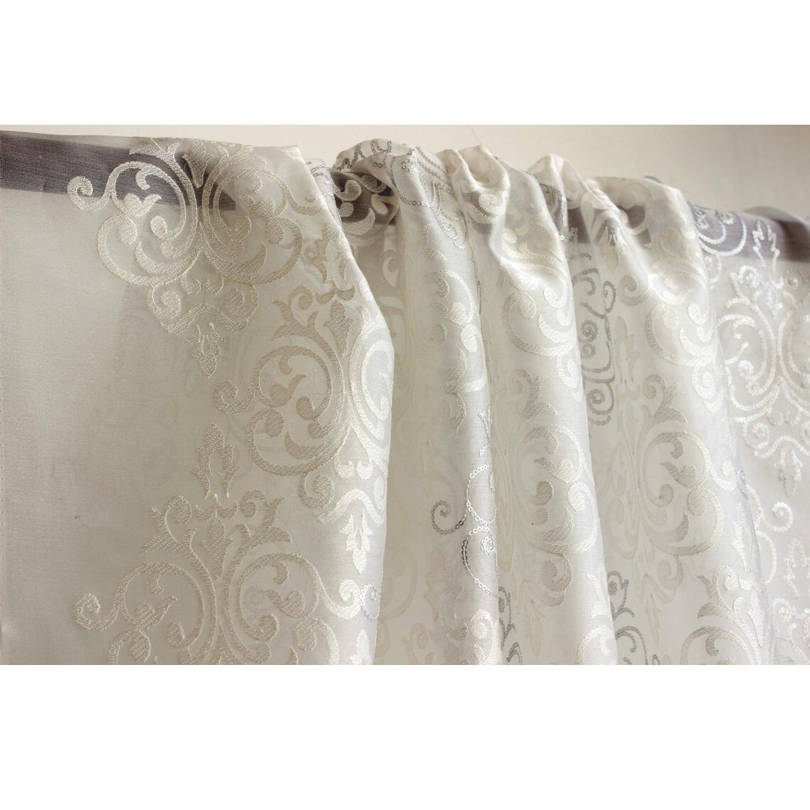 White & Silver Damask Embroidered Sheer Curtain Fabric By The Etsy