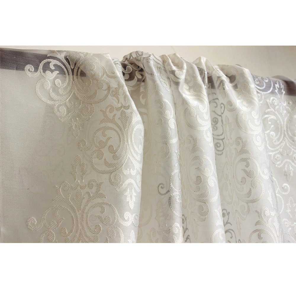 White & Silver Damask Embroidered Sheer Curtain Fabric By The Etsy