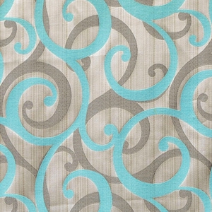 May include: A fabric with a repeating pattern of blue and gray swirls. The fabric has a subtle texture.