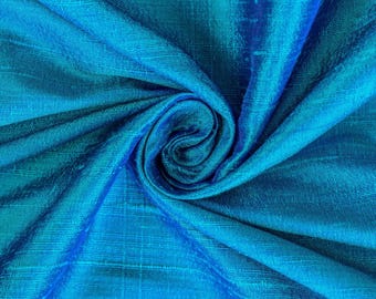 Blue and Turquoise Silk Fabric By The Yard / Metre, 41 inch Blue Turquoise Silk Dupioni Fabric, Slub Silk fabric for Curtains, Bridal Dress
