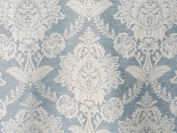 Teal Blue Damask Curtain Fabric By The Yard Upholstery Fabric Etsy