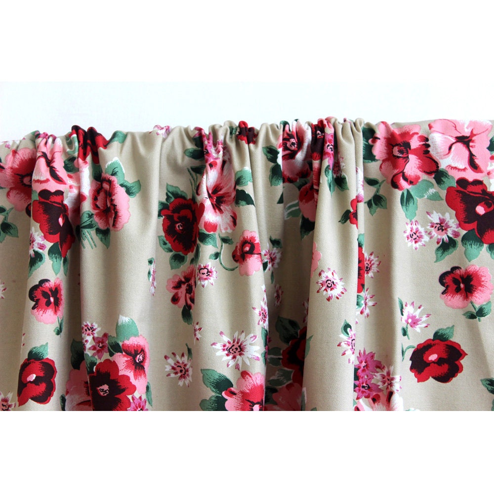 Dark Beige N Crimson Roses Print Cotton Canvas Designer Fabric | Etsy
