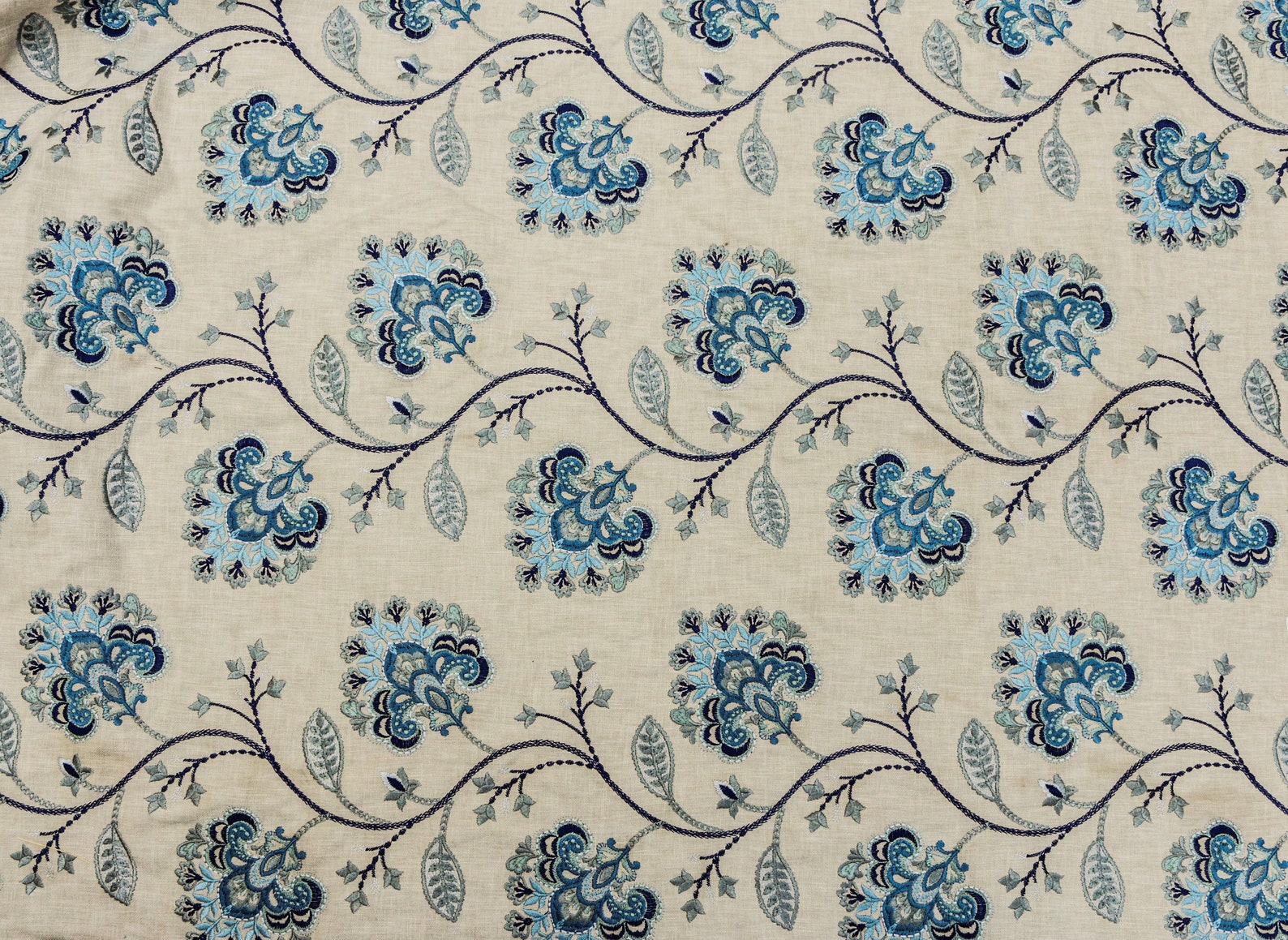 Blue Flowers Embroidered Fabric by the Yard Cotton Linen Etsy