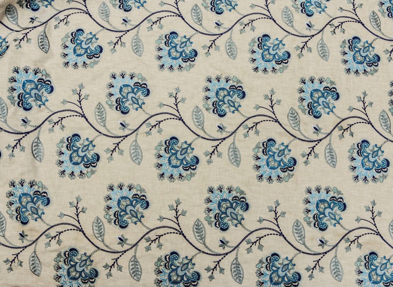Blue Flowers Embroidered Fabric by the Yard Cotton Linen Etsy Australia