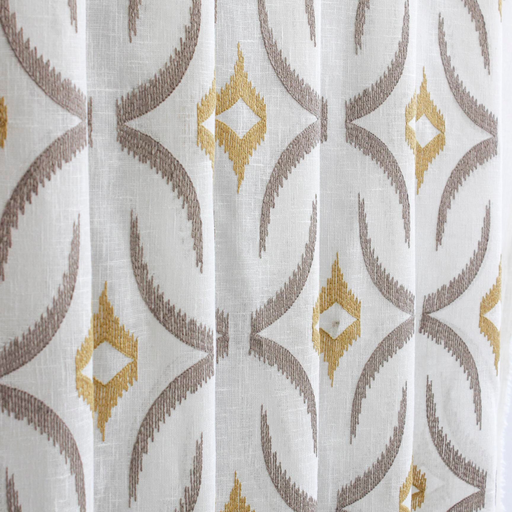 Geometric Mustard Sheer Curtain Fabric by the Yard / Metre, Linen Look