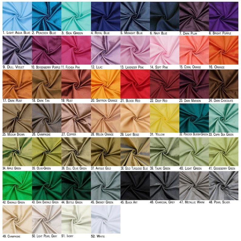 May include: A chart of 52 fabric swatches, each with a different color and texture. The swatches are arranged in rows and columns, and each swatch is labeled with a number and a color name. The colors range from light to dark, and the textures range from smooth to rough.