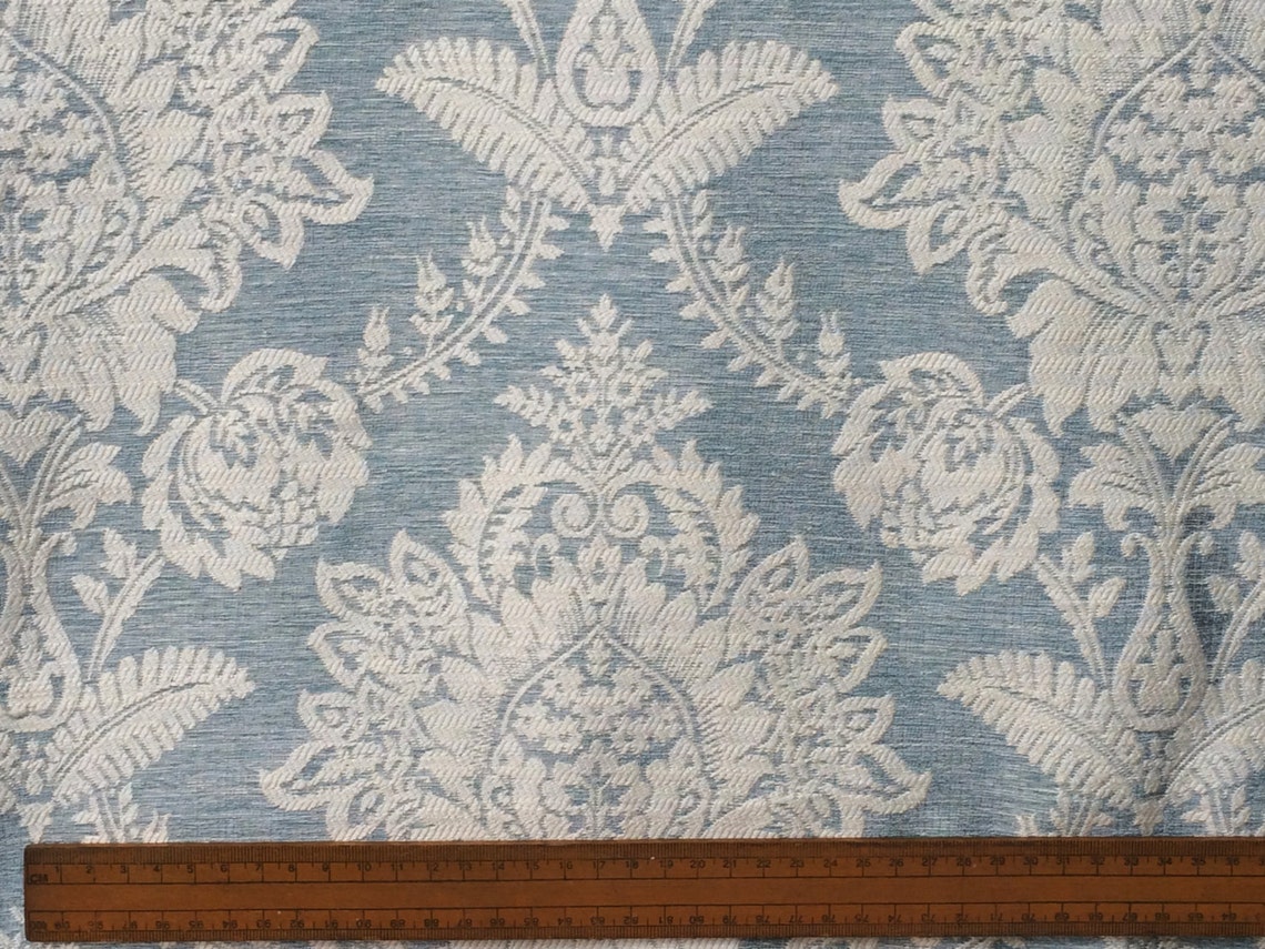 Teal Blue Damask Curtain Fabric By The Yard Upholstery Fabric Etsy
