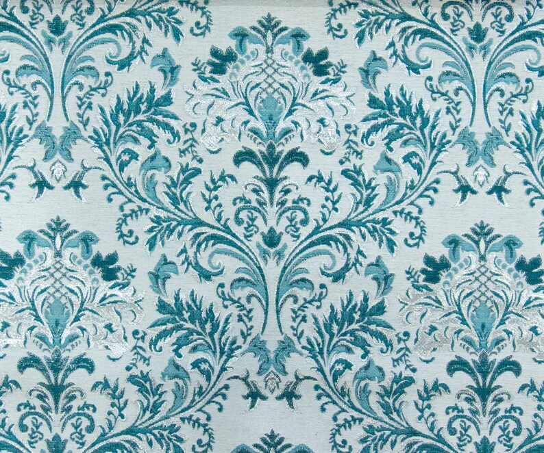 Aqua & Silver Damask SO Fabric By The Yard Curtain Fabric Etsy