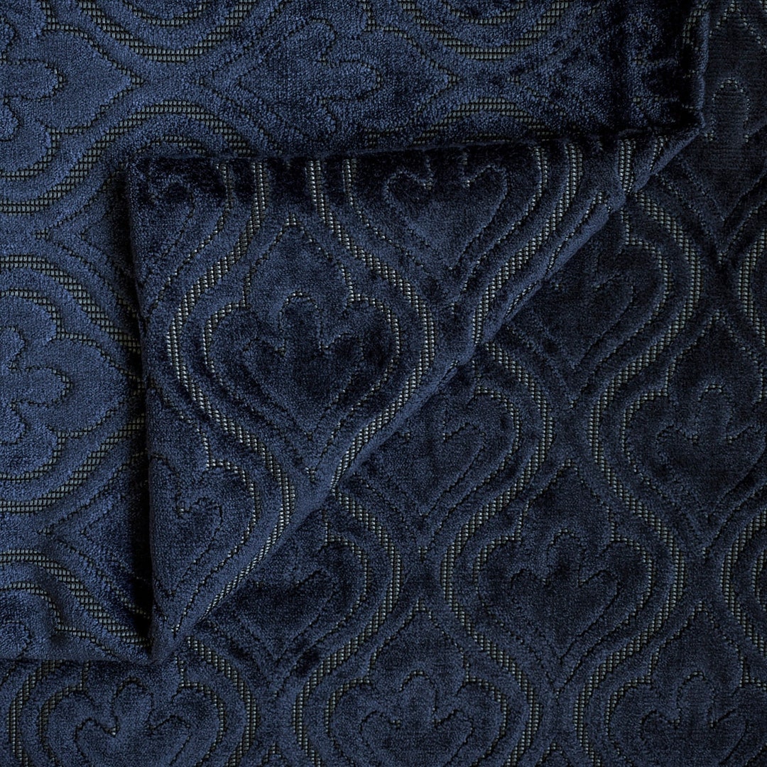 Navy Blue Damask Velvet Fabric by the Yard, Jacquard Velvet Fabric, Upholstery Fabric, Curtain