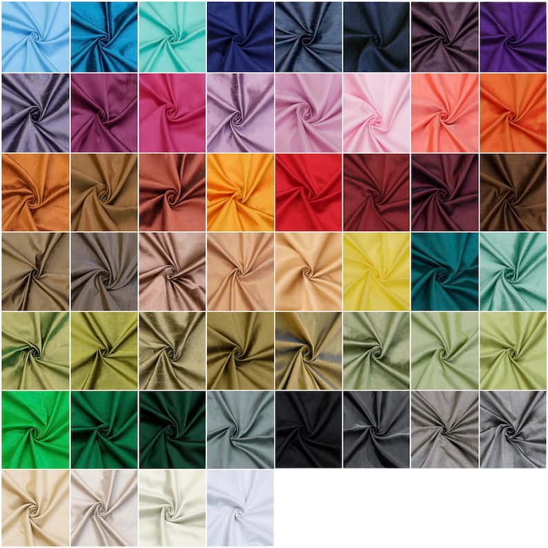 May include: A swatch card featuring 49 different colors of silk fabric. The fabric is arranged in a grid pattern, with each swatch showing the texture and color of the silk.