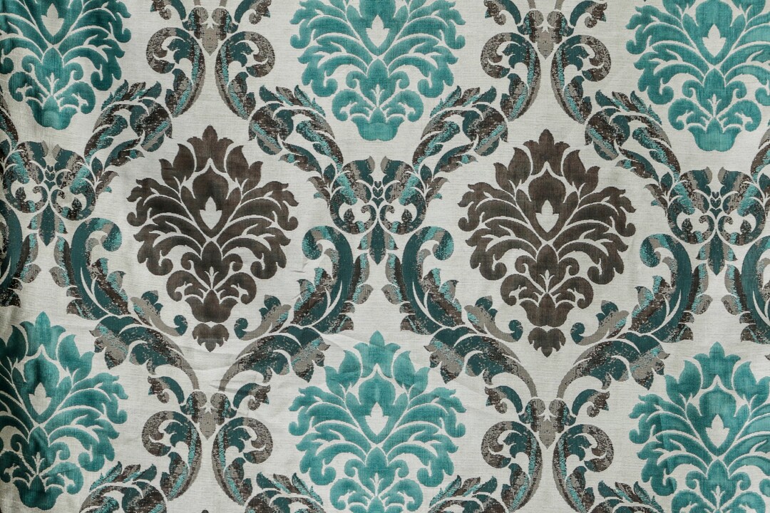Teal & Grey Damask Upholstery Fabric by the Yard, Jacquard Weave Fabric