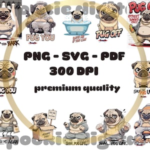 Rolig mops SVG-paket: Grumpy Dog Cliparts för Cricut, sublimering (digital nedladdning)