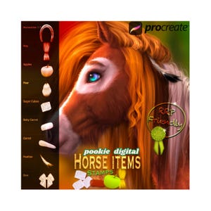 Puede incluir: Ilustración digital de un caballo con melena roja y ojos azules. La imagen incluye una lista de elementos relacionados con caballos, como una herradura, heno, manzanas, terrones de azúcar, zanahorias, una pluma y un lazo. También está presente el texto "pookie digital HORSE ITEMS STAMPS".