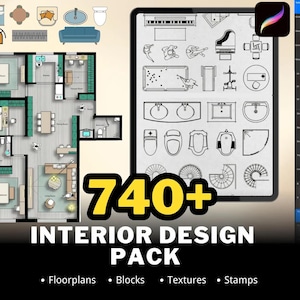 Procreate Interior Design Kit, 740+ Pinsel für Möbel & Raumaufteilung, Grundriss-Generator, Home Decor Pack