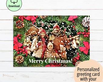 Personalized Watercolor Christmas Photo Card, Custom Family Holiday Card, Printable 5x7 Digital Download