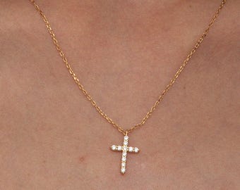 S925 Sterling Silver CZ Cross Necklace Dainty Layering Crystal Pendant