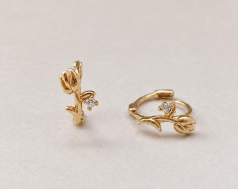 Gold Tulip Earrings, Floral Huggie Hoops, Sterling Silver Flower Earrings