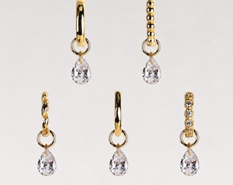 Charm Hoop Earrings with Removable Teardrop CZ, 925 Sterling Silver