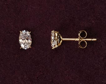 Oval CZ Stud Earrings, 14K Gold Plated Sterling Silver, Minimalist Sparkle Studs