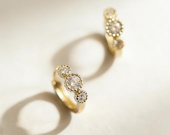 Three Stone Hoops, 14K Gold Dainty Huggie Earrings S925 Silver Minimalist CZ Gift