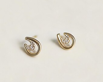 Tiny Horseshoe CZ Stud Earrings, 14K Gold Plated 925 Sterling Silver