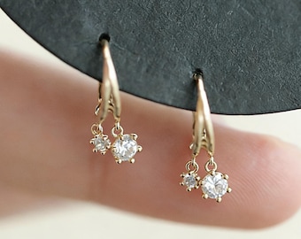 Double Drop Huggie Earrings, 14K Gold Dainty Double Stone Zirconia Hoop Gift