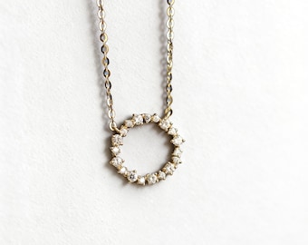 S925 Sterling Silver Gold Plated Circle Necklace, Pave CZ Eternity Pendant