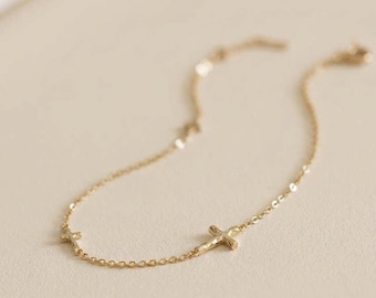 14K Gold Plated Cross Bracelet, S925 Sterling Silver Dainty Minimalist Chain Bracelet