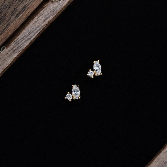 Marquise CZ Stud Earrings, Gold Minimalist Stacking Stud, Dainty Stack Jewelry