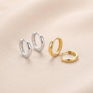 May include: A collection of small hoop earrings in silver and gold tones. The earrings are displayed on a soft, neutral background. The hoops are simple and classic, with a polished finish, suitable for everyday wear.