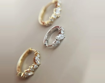 Marquise CZ Irregular Huggie Hoops, 14K Gold Plated S925 Silver, Chic Cartilage Earrings