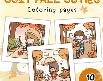 10 Kawaii Fall Coloring Pages | Cozy Autumn Girls | Autumn-Themed Digital Art to Print & Color | Autumn Coloring Book | Cozy Vibes