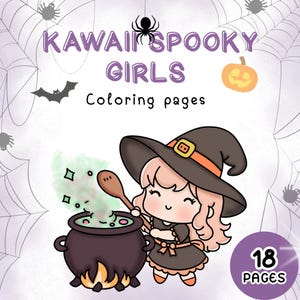 Kawaii Spooky Girls | Cute Halloween Coloring Pages Set | 18 Spooky Cute Coloring Pages | Printable Instant Digital Download PDF and PNG