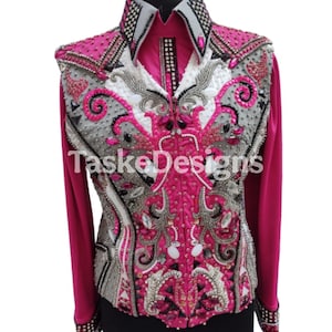Western Show Shirt and Vest Set: Pink & Gray Stretch Riding Apparel