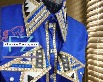 Camisa de estilo western con cristales / Ropa ecuestre elástica a medida, color azul -TD/0025