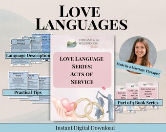 May include: Digital download graphic titled "Love Languages" with the text "Love Language Series: Acts of Service." The image includes illustrations of hearts, wedding rings, and a couple dancing. Additional text includes "Language Description," "Practical Tips," and "Part of 5 Book Series."