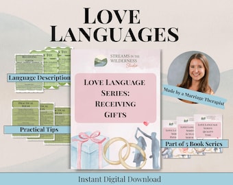May include: Digital download titled "Love Language Series: Receiving Gifts." The image features a pink book cover with watercolor illustrations of a gift, wedding rings, and a couple dancing. Additional materials include practical tips and language descriptions.