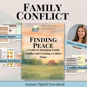 Könnte beinhalten: Digitaler Download mit dem Titel "Finding Peace: A Guide to Managing Family Conflict and Creating a Calmer Home". Das Bild enthält eine Aquarellillustration eines Hauses auf einem Feld, unterstützende Materialien und den Text "Family Conflict".