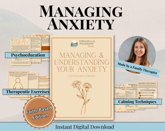 Könnte beinhalten: Digitaler Download mit dem Titel "Umgang mit und Verständnis Ihrer Angst" mit dem Text "Glaubensbasierte Version". Das Bild enthält unterstützende Materialien mit der Bezeichnung "Psychoedukation", "Therapeutische Übungen" und "Beruhigungstechniken".