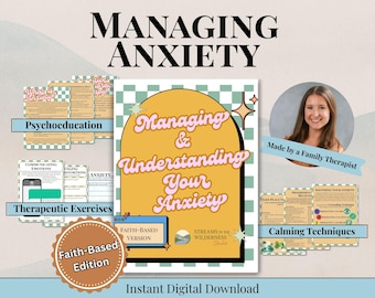 Könnte beinhalten: Digitaler Download mit dem Titel "Angst bewältigen und verstehen" mit Retro-Design. Enthält Abschnitte zu Psychoedukation, therapeutischen Übungen und Entspannungstechniken. Mit Foto eines Familientherapeuten.